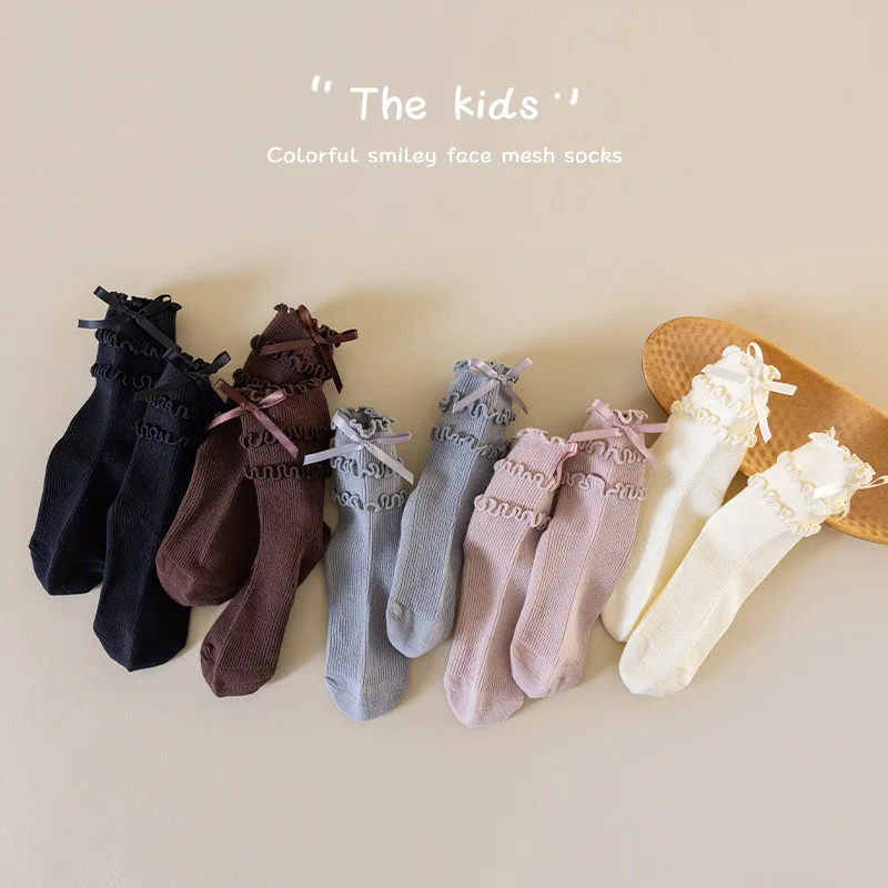 Calcetines cortos con borde enrollado para invierno y otoño, bonitos calcetines de princesa con borde de oreja de madera para niñas, calcetines cortos con lazo para estudiantes - imagen 2