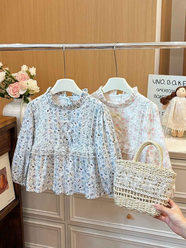 Camisa floral de algodón con lazo de encaje para niña