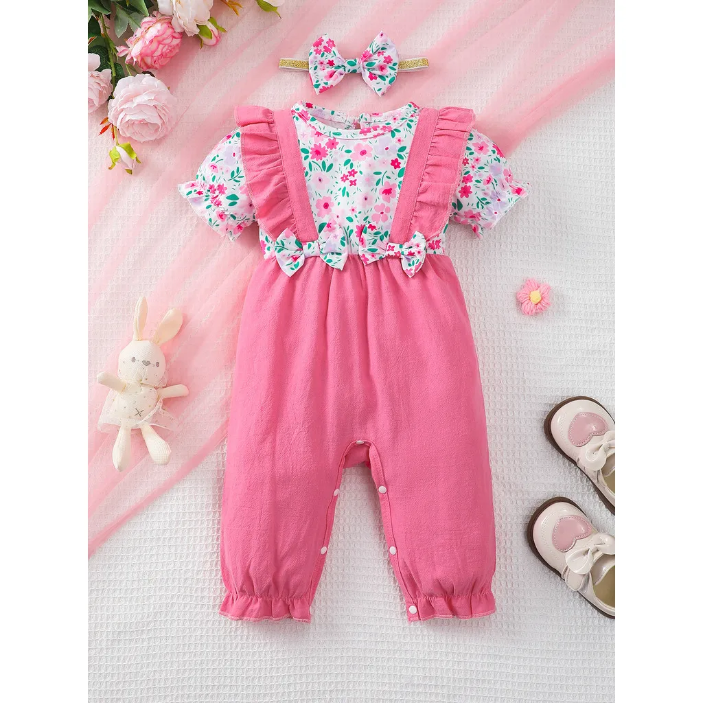 Mono de flores de manga corta para niña recién nacida de 1 a 18 meses, mono dulce infantil de verano + diadema, pelele de uso diario para niña pequeña