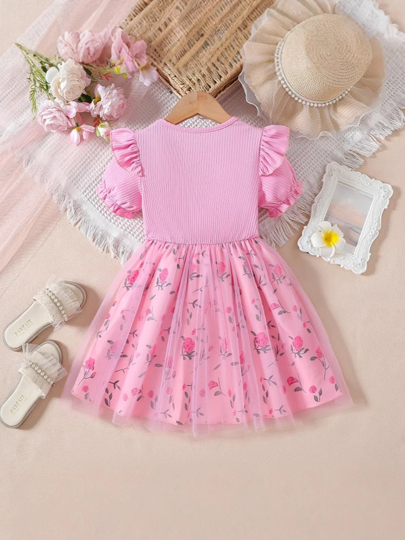 MILANCEL, vestido de princesa con lazo a la moda para niñas, vestido Floral de malla de retales de estilo coreano para niños de 2 a 6 años, ropa de verano para niños - imagen 2