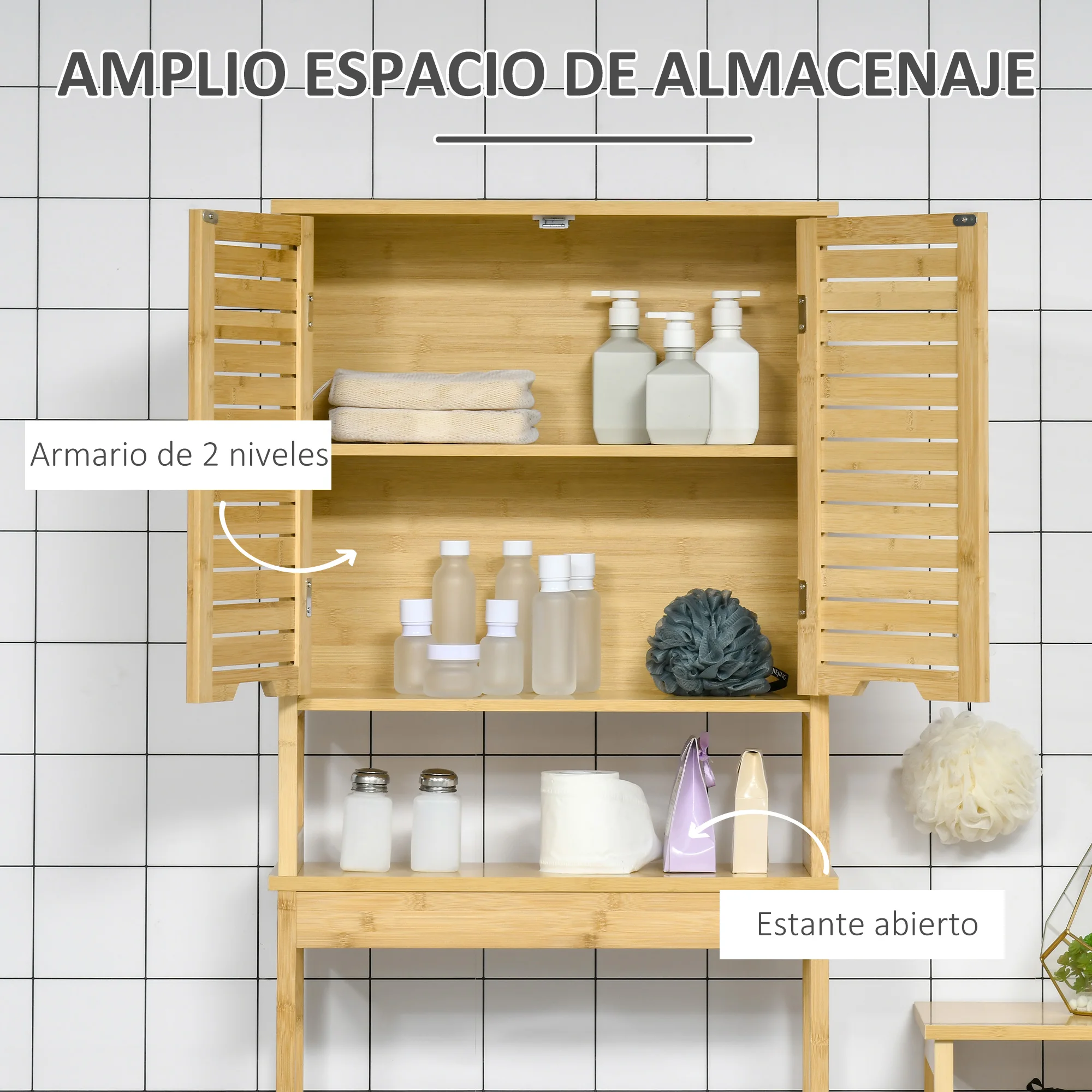 kleankin Mueble de Bambú sobre Inodoro Armario Alto para Lavadora con 2 Puertas 1 Balda Interior y 1 Estante de Almacenaje para Baño 60x23x173 cm Natural - imagen 4