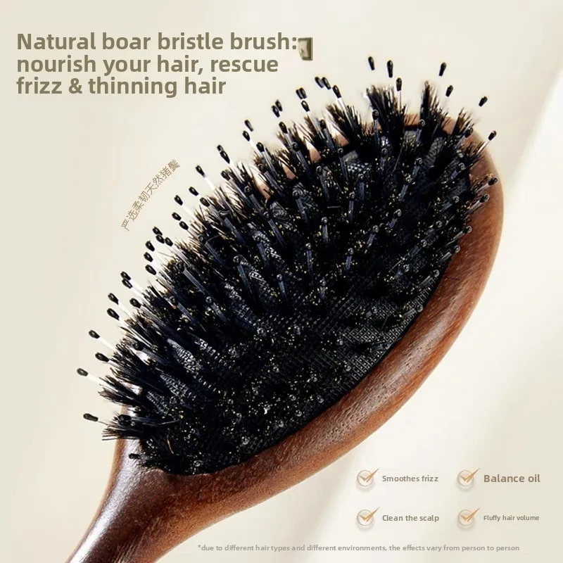 Peine con cojín de aire de cerdas de jabalí de sándalo: masaje del cuero cabelludo y peine meridiano, cabello liso, añade volumen, perfecto para uso doméstico. - imagen 4