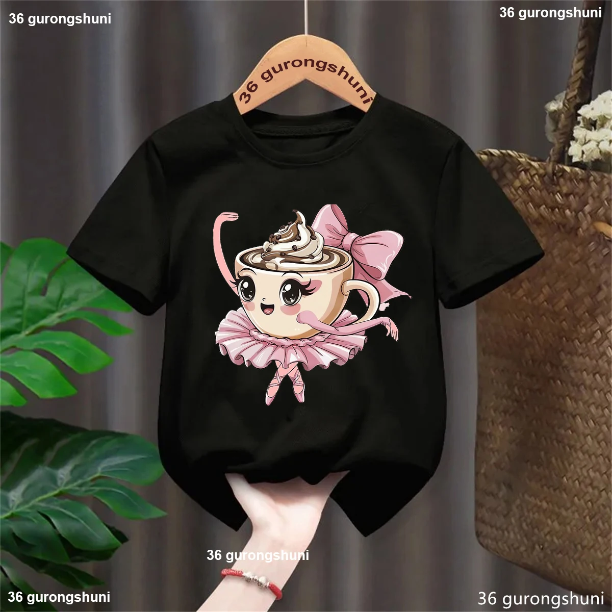 Bailarina capuchino saludo café bailarina de Ballet Rosa arco impreso camiseta niñas divertido amante de la danza ropa para niños camiseta de verano - imagen 2