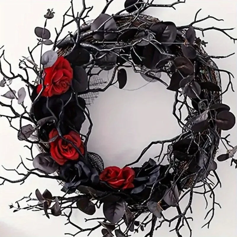 Couronne de porte d'halloween 15.7 pouces, feuilles d'eucalyptus, Rose rouge, noire, joyeux Halloween, couronne artificielle, décoration gothique pour la maison