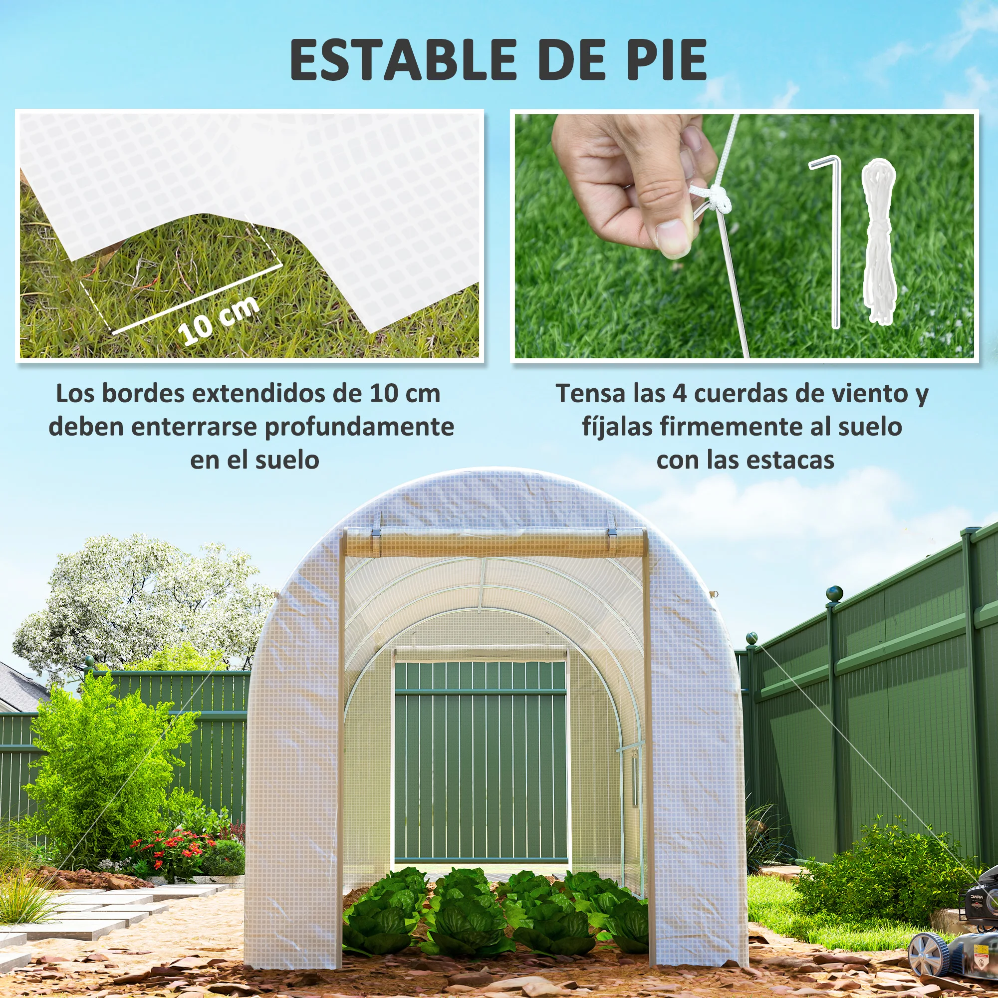 Outsunny Invernadero de Túnel 500x200x205 cm Invernadero de Jardín con Puerta Enrollable y 8 Ventanas Cubierta PE 140 g/m² Marco de Metal para Cultivo Plantas Verduras Blanco - imagen 5