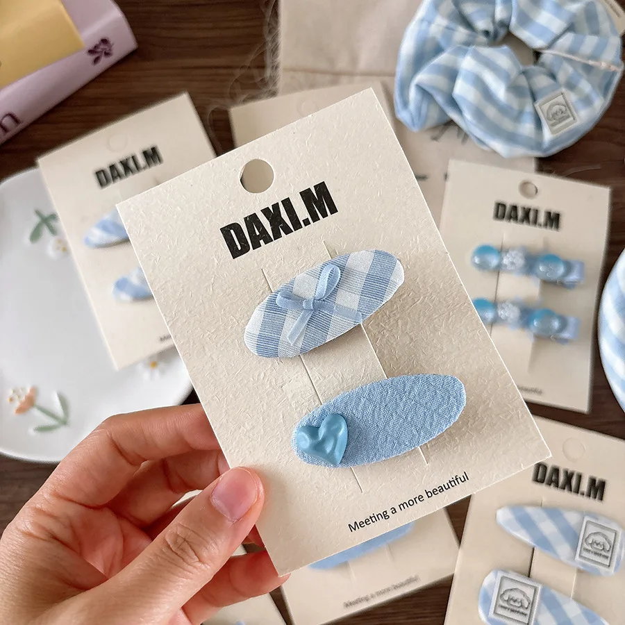 Pinza para el pelo a cuadros azul de tela para niñas, flequillo con agradable arco, horquilla con Clip LATERAL, flequillo versátil a la moda para niñas, diademas con Clip BB