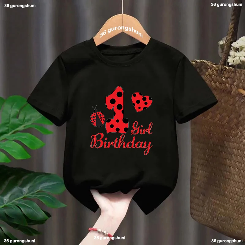 Camiseta negra de mariquita roja para niños y niñas, camiseta con número 1-10, regalo de feliz cumpleaños, ropa Harajuku para niños, camiseta de manga corta - imagen 2