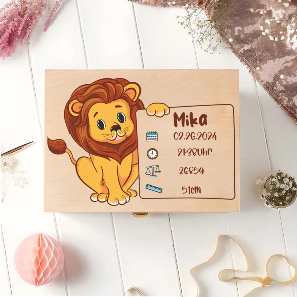 Caja de memoria personalizada Leo con nombre para guardar recuerdos, regalo de ducha de bautismo de bebé, cajas de estadísticas de nacimiento para recién nacidos, caja de cordón umbilical