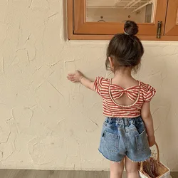 Camisa vintage de rayas para niñas con lazo y espalda descubierta