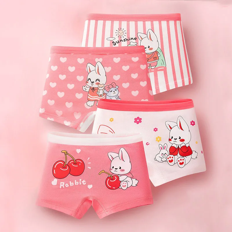 Bragas de 4 piezas para niñas, Boxer de algodón de alta calidad para niños, pantalones cortos con dibujos de conejo encantador, ropa interior transpirable para niños
