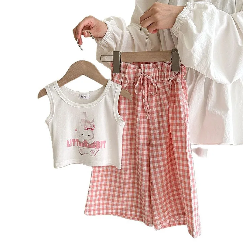 2 uds. Chaleco con estampado de animales para niñas lindas de verano + pantalones a cuadros para niños pantalones de pierna ancha cintura de flores - imagen 5