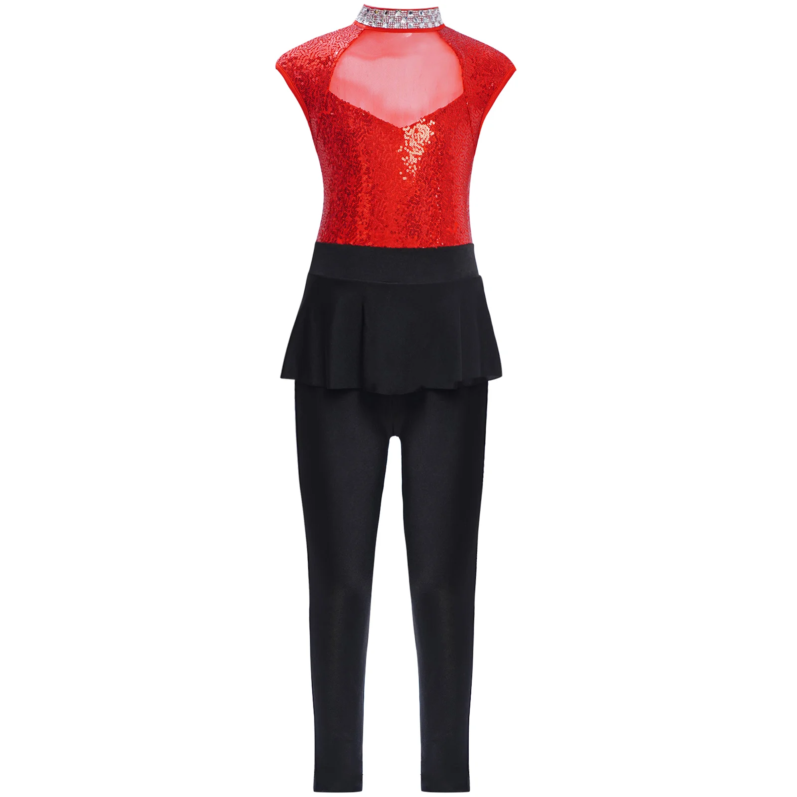 Mono de gimnasia y Ballet para niñas, pelele de patinaje artístico sin mangas de malla de retales con lentejuelas brillantes, mono de baile de Jazz latino - imagen 4
