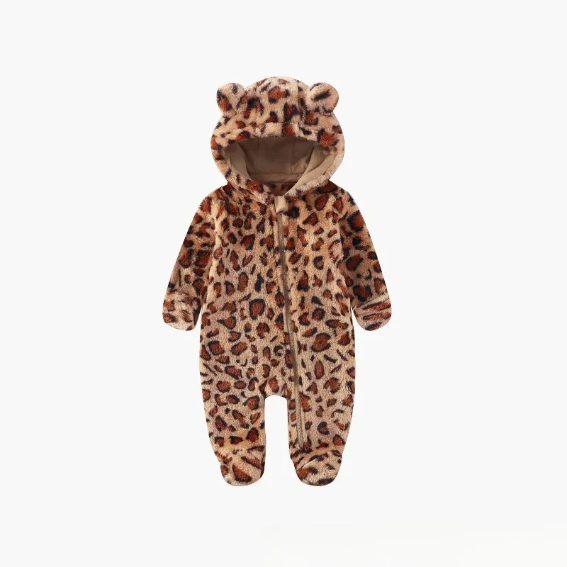 Mameluco con capucha con estampado de leopardo de invierno para bebé con lindas orejas peludas Mono con cremallera oblicua para bebé acogedor y cálido para salidas navideñas - imagen 2