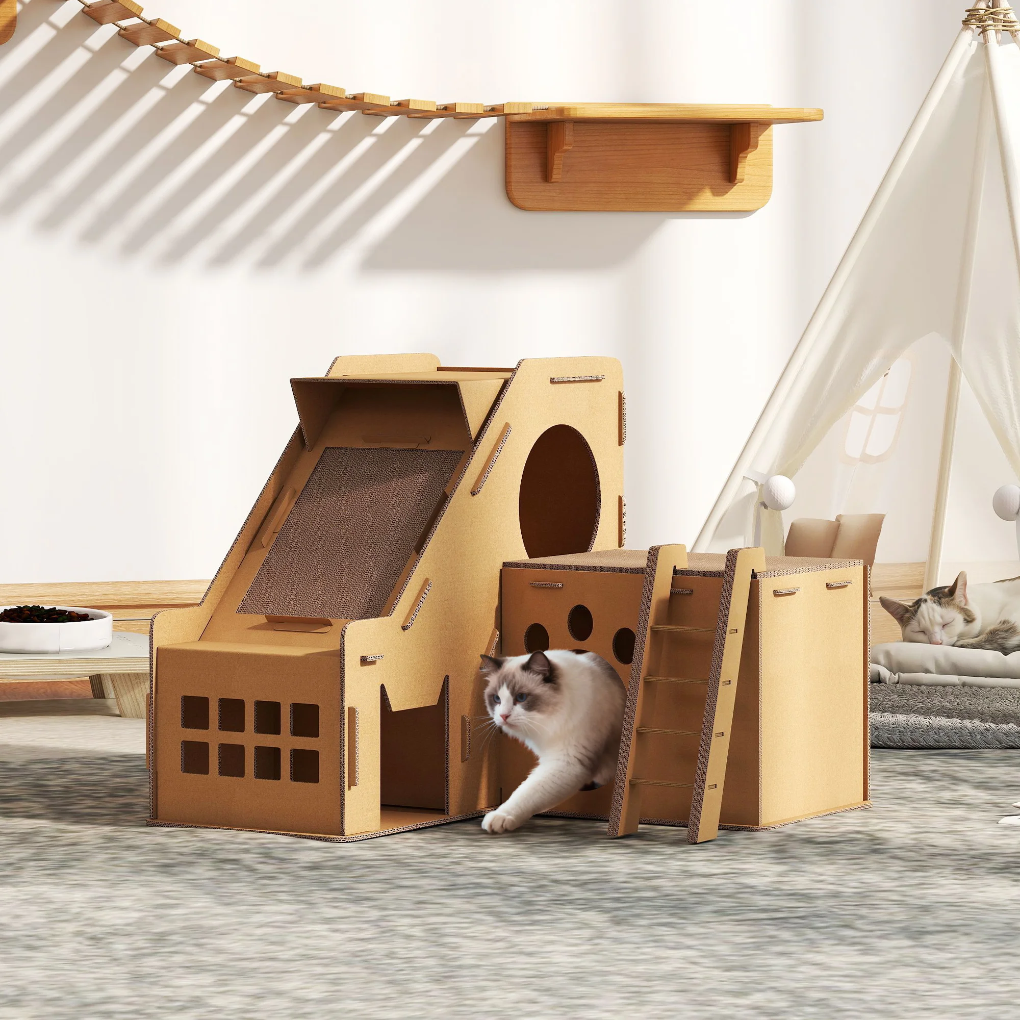 PawHut Rascador Cartón para Gatos Forma Castillo 2 en 1, Rascador para Gatos con 2 Zonas de Rascado, Catnip, Rampa y Escalera, para Interior, 67x66x57 cm, Marrón - imagen 2