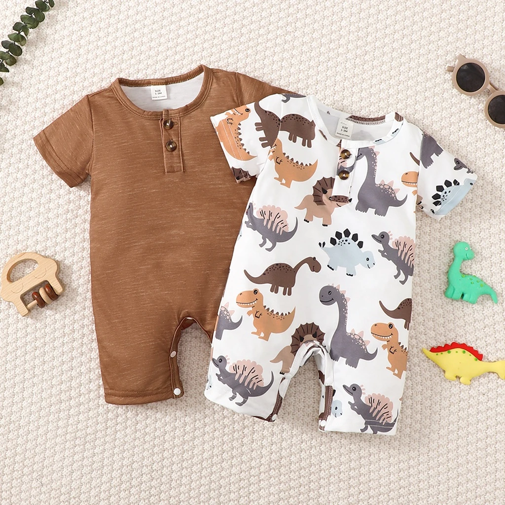 Pelele de 2 uds., ropa para bebé recién nacido, mono con estampado de dinosaurio de manga corta, mono informal de verano para niño de 0 a 24 meses
