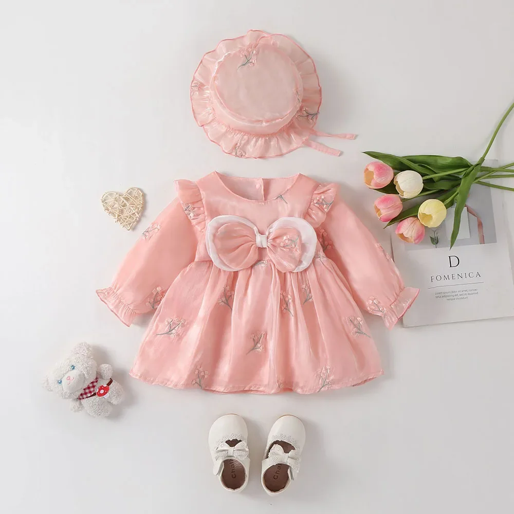 Ropa de otoño para niñas de 0 a 2 años, vestidos de manga larga para bebés, vestidos de princesa de malla, vestido con lazo frontal para niñas con sombrero - imagen 2