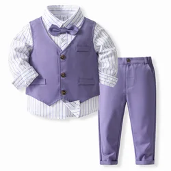Conjuntos de 4 piezas para niños pequeños, moda coreana, Tops de algodón a rayas para bebés, chaleco, pantalones y corbata, Boutique, BC761