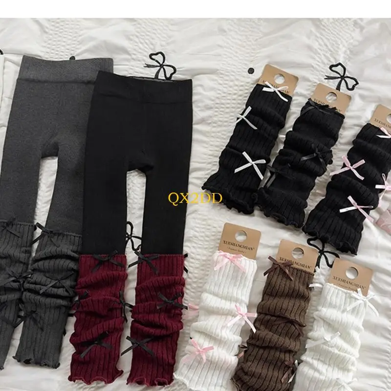 QX2D Leggings térmicos invierno con forro para niñas, pantalones cálidos y elásticos con lazo, amigables con piel, - imagen 2