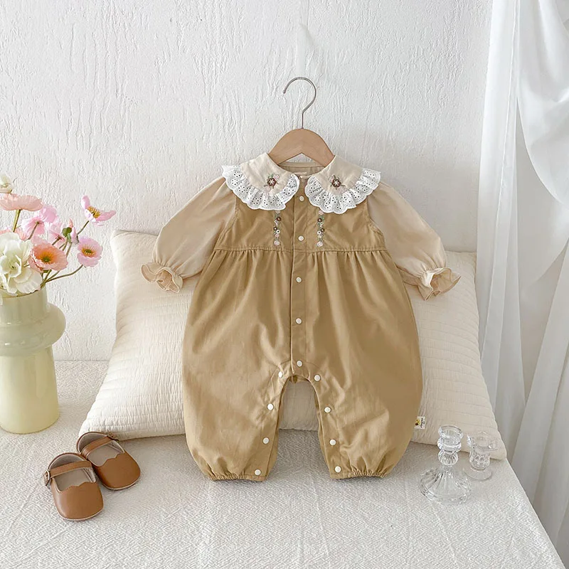 MILANCEL-Conjunto de ropa de otoño para niños pequeños, camisetas interiores de encaje con flores bordadas de 6M-3T + peleles coreanos sueltos para bebés, 2 uds.