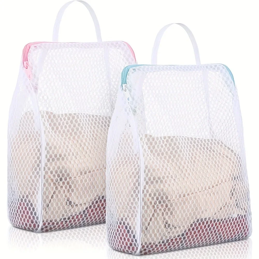Bolsas de lavandería de malla de panal con asas, tela de poliéster duradera, diseño de cremallera rectangular versátil para ropa delicada, 2 uds.