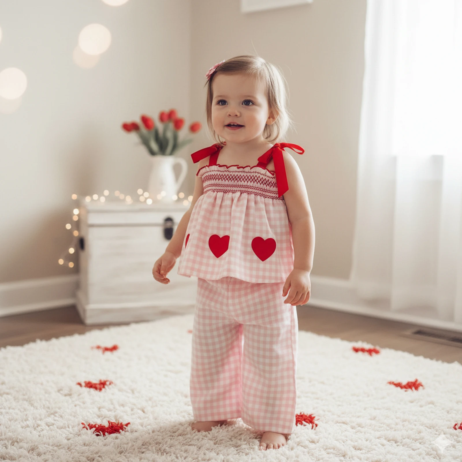 Conjunto de 2 piezas de tops y pantalones con hombros descubiertos y parche de corazón de amor a cuadros para niña pequeña - imagen 3