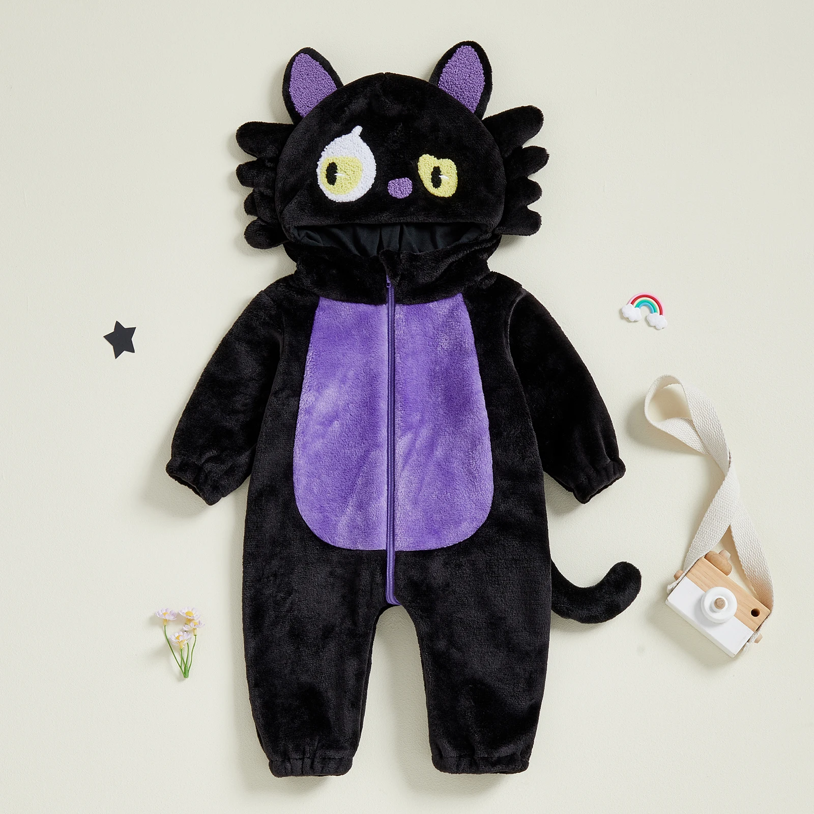 SUNSIOM Disfraz de gato negro para bebé de 0 a 24 meses, mono con capucha de felpa de manga larga para niños y niñas, pelele para recién nacido