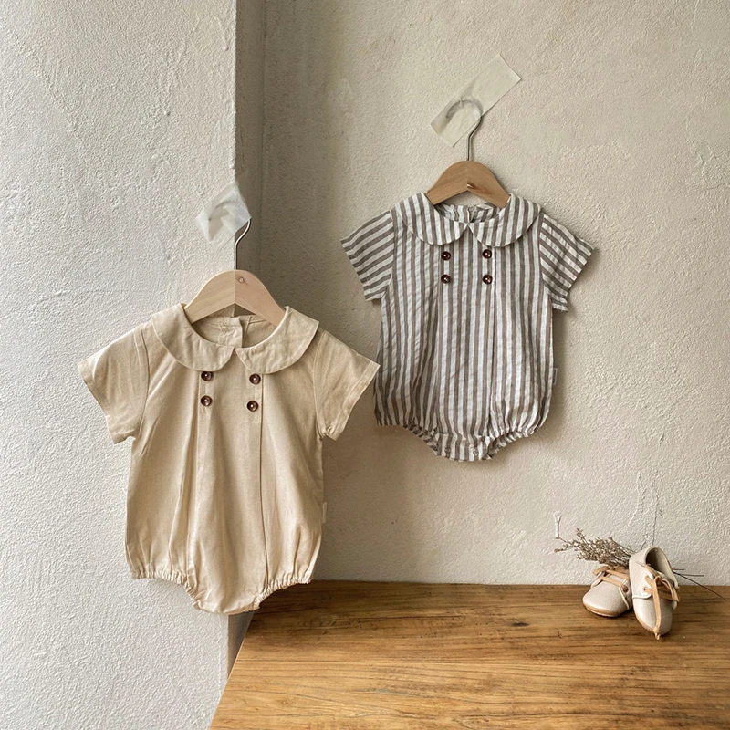 Body de estilo pijo para bebé, ropa de lino transpirable de una pieza con Cuello de camisa para niño y niña, novedad de verano