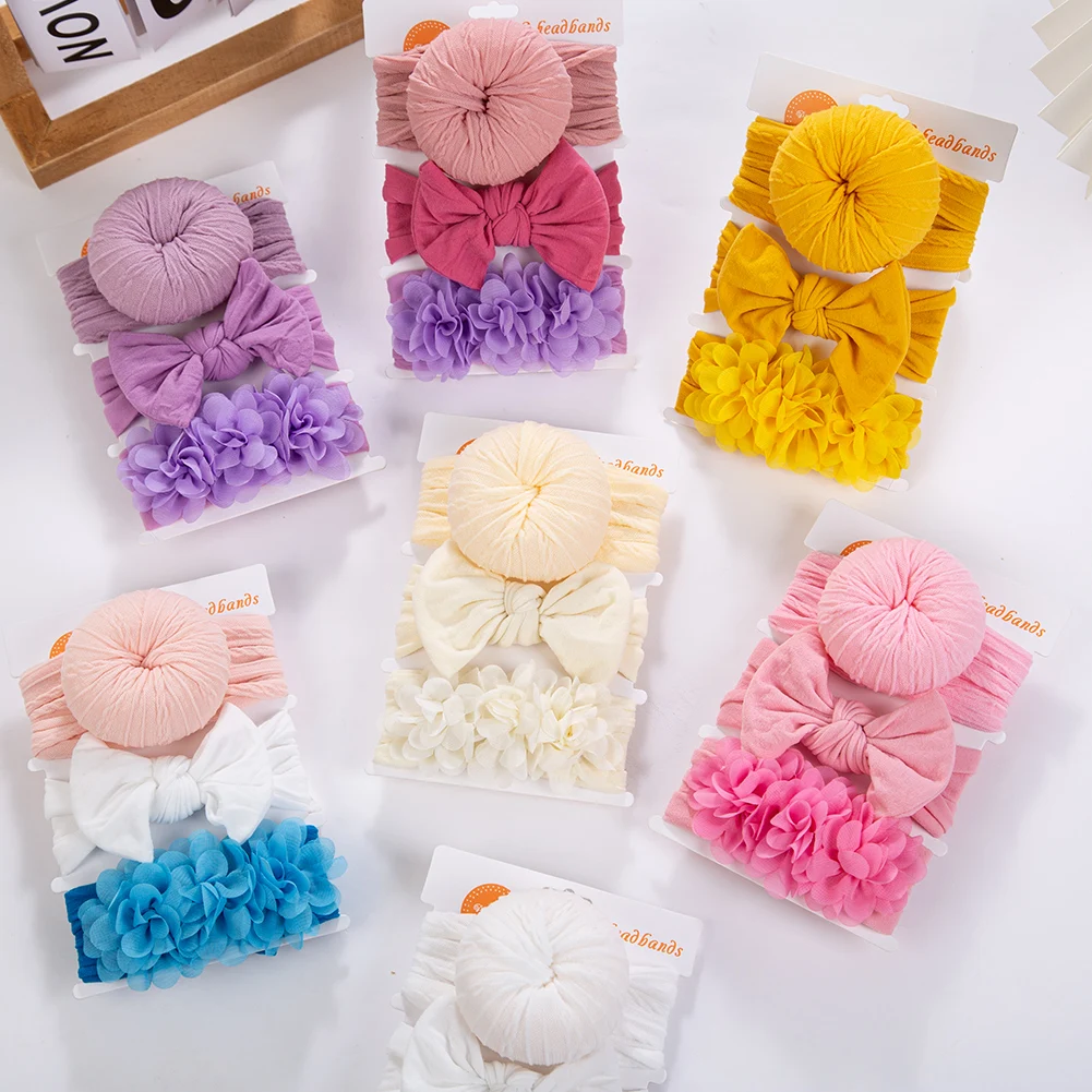 3 unids/set lindo Donut bebé turbante diademas gasa flor Hairbows Nylon Ealstic bandas para el cabello niñas recién nacidas diademas