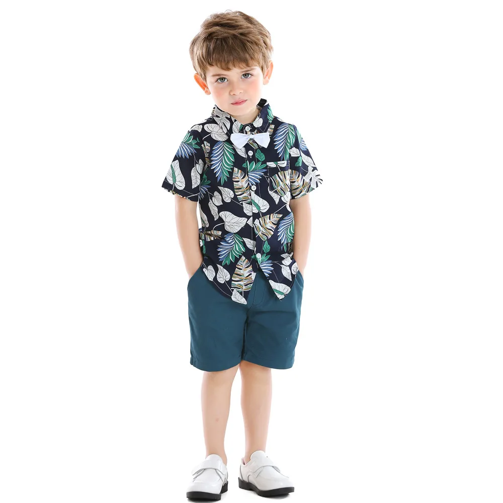 Conjunto de camisa y pantalones cortos de manga corta con estampado de hojas y solapa para niño, ropa de verano, novedad - imagen 2