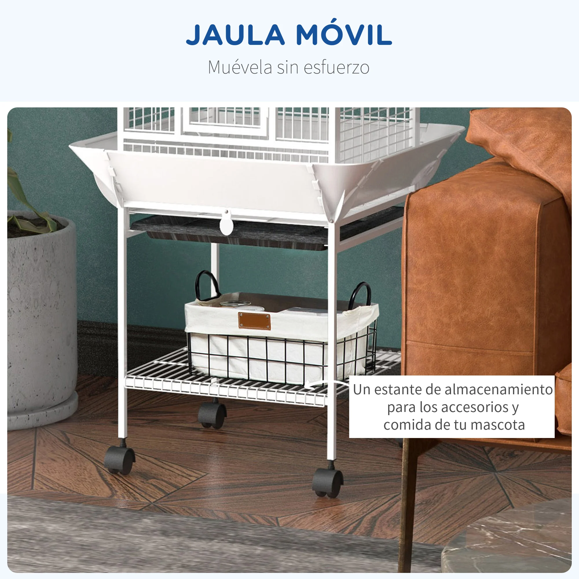 PawHut Jaula para Pájaros Jaula para Loros con Ruedas Perchas Comederos Estante Puente Arqueado y Bandejas Extraíbles Pajarera para Cacatúas Cotorras 62,5x62,5x156 cm Blanco - imagen 5