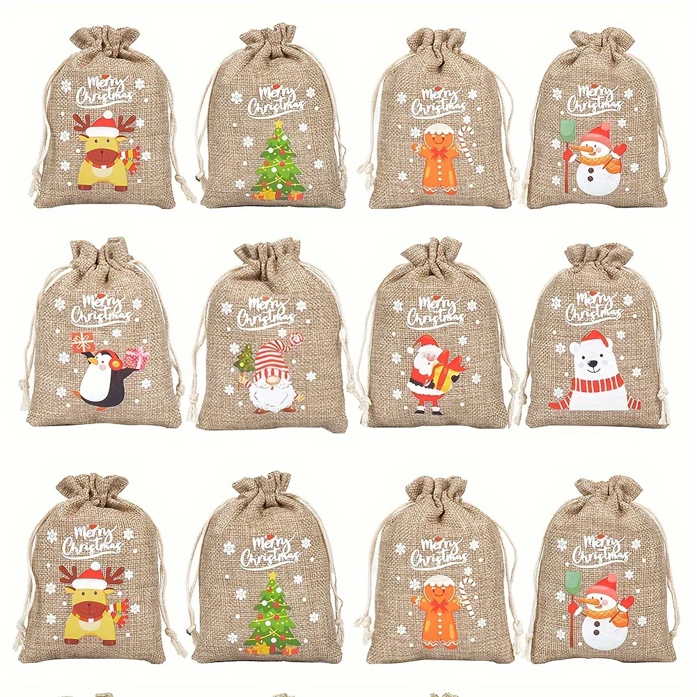 Bolsa de regalo de dulces de Navidad, bolsas de yute Natural con patrones de Papá Noel, bolsa con cordón de arpillera, embalaje de joyería, bolsa de regalo para fiesta, 12 Uds. - imagen 5