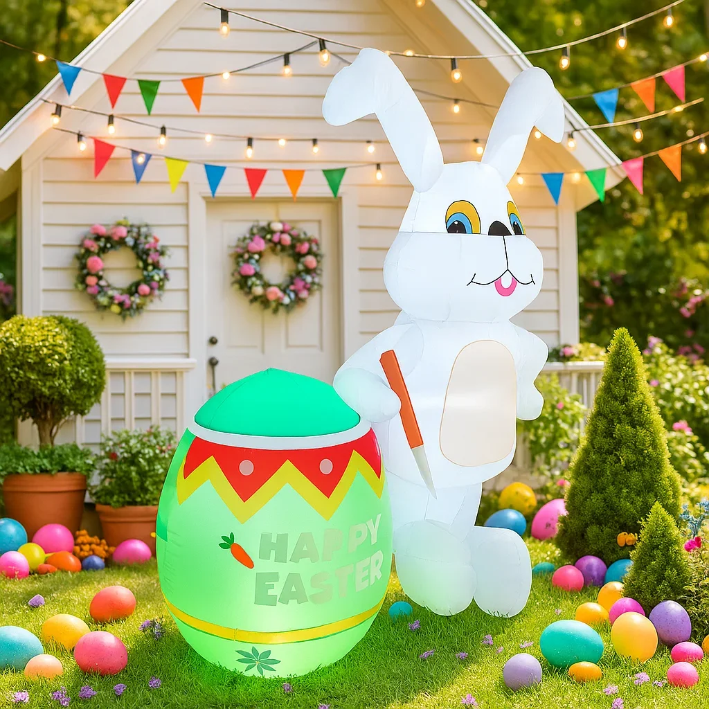 Decoración de Pascua de 2.1m/7 pies, Conejo Sentado en un Hongo Inflable con Luces LED Integradas, Adorno para Interiores, Exteriores y Patios - imagen 3