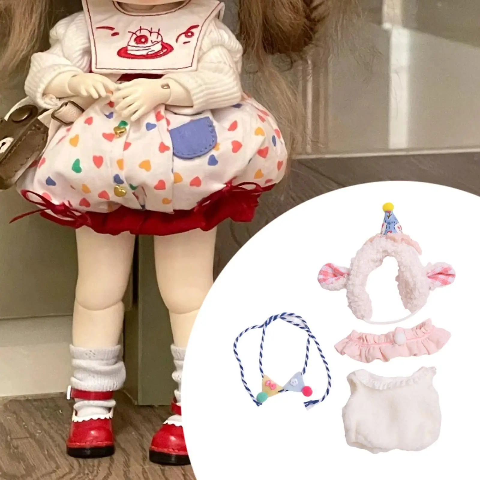 Plush Figure Romper with Birthday Hat Photo Props for Kids Birthday Gift Fashion Costumes Make Your Own Dolls for 5.91'' Doll