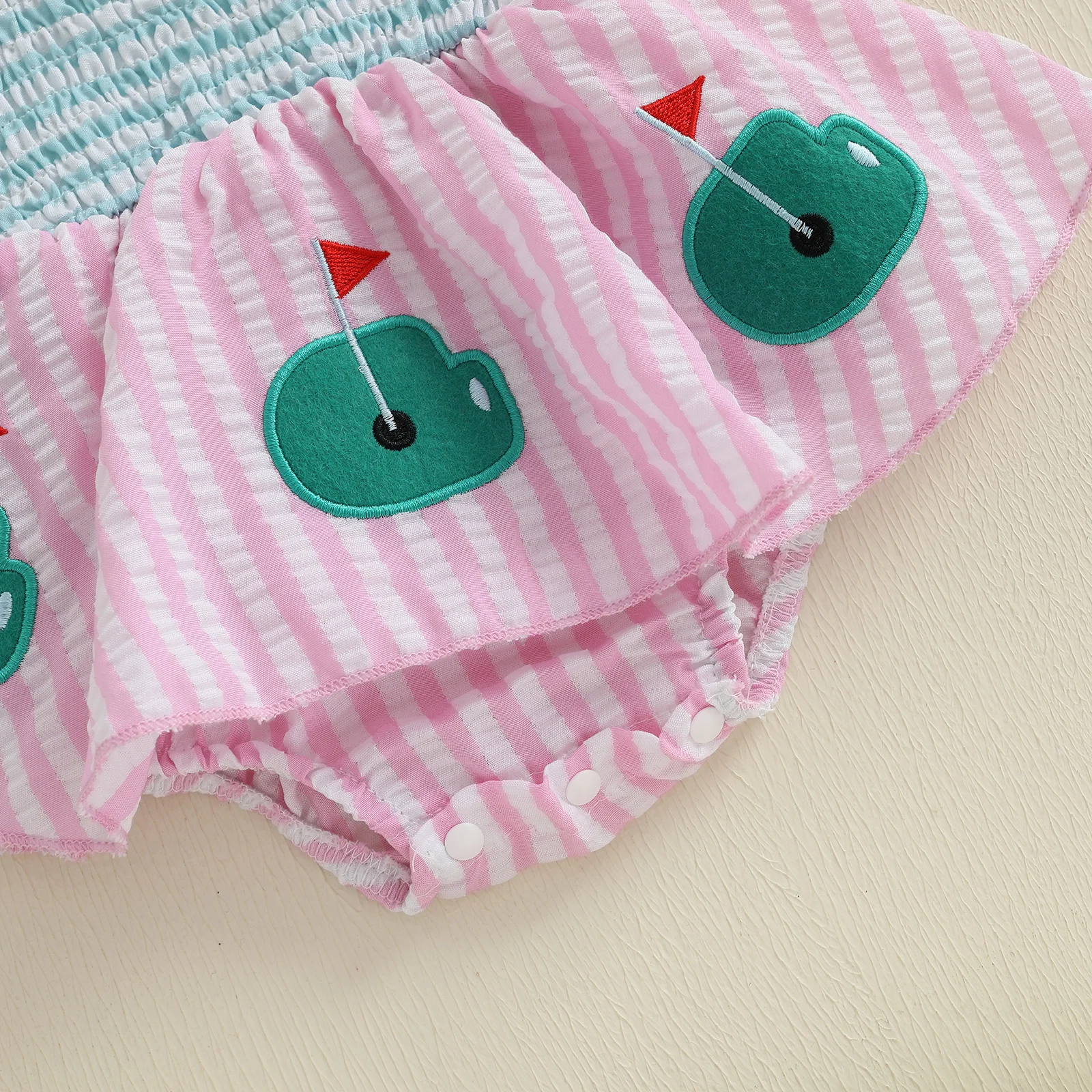 Suefunskry Conjunto de verano de 2 piezas para bebé niña, traje de golf a rayas con lazo y hombros descubiertos, diadema con lazo - imagen 5