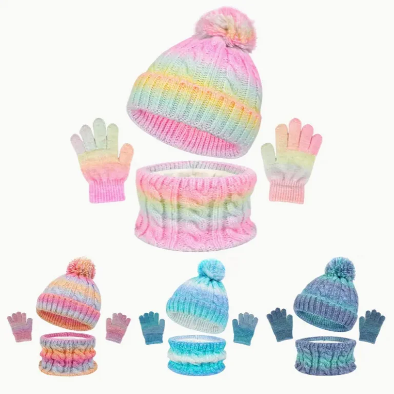 Juego de gorros para niños de 3 piezas • 3-8 años, bufanda y guantes de punto grueso y cálido para invierno y otoño, gorra con protección para los oídos de doble bola a la moda para niños y niñas - imagen 3