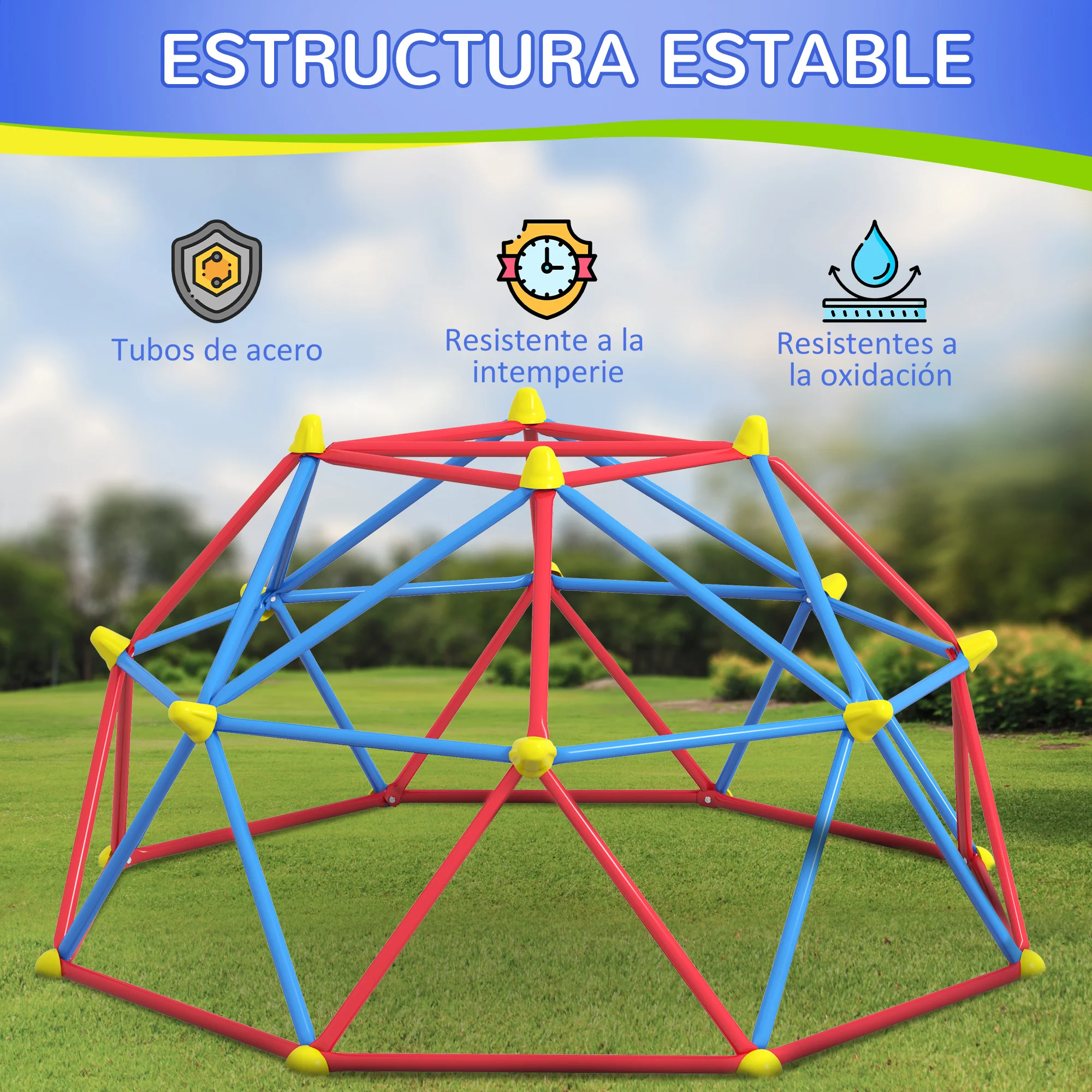 Outsunny Cúpula de Escalada Juego de Cúpula Geométrica Parque Infantil para 3-8 Años con Marco de Metálico Anti-UV Carga 180 kg para Patio Jardín Ø183x90 cm Rojo y Azul - imagen 5