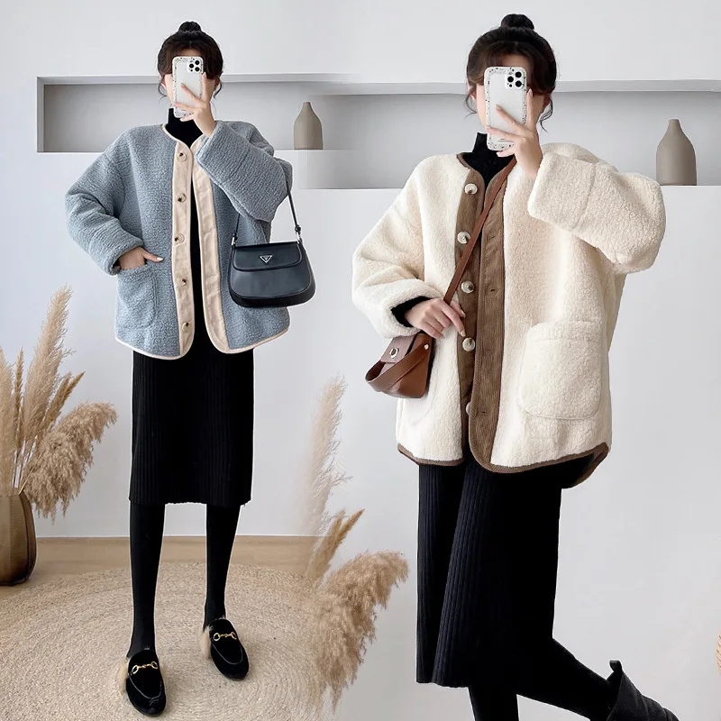 Chaqueta de invierno de piel Artificial, ropa de maternidad para mujeres embarazadas, abrigo de embarazo, chaquetas de lana Artificial, abrigo grueso para mujer cálido