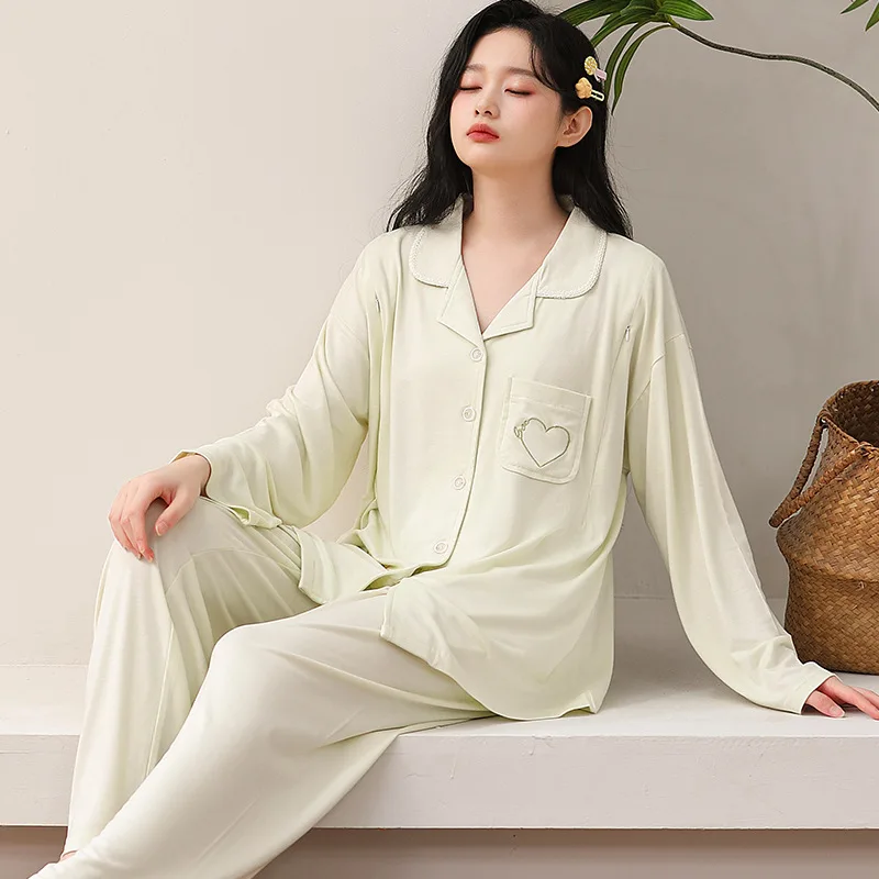 Nuevos pijamas de primavera para mujeres embarazadas, traje de casa de maternidad de Modal liso para amamantar posparto de manga larga - imagen 2