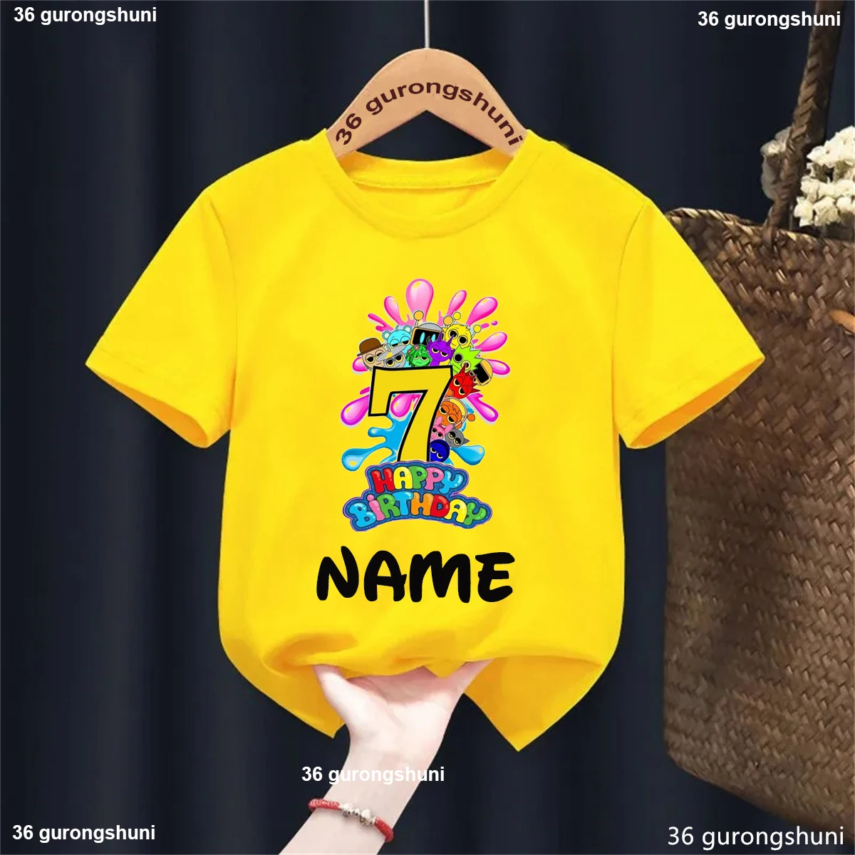 Camiseta colorida con estampado de Sprunki del 7 ° cumpleaños para niñas/niños, ropa para fiesta de cumpleaños con nombre personalizado, camiseta de verano para niños - imagen 5