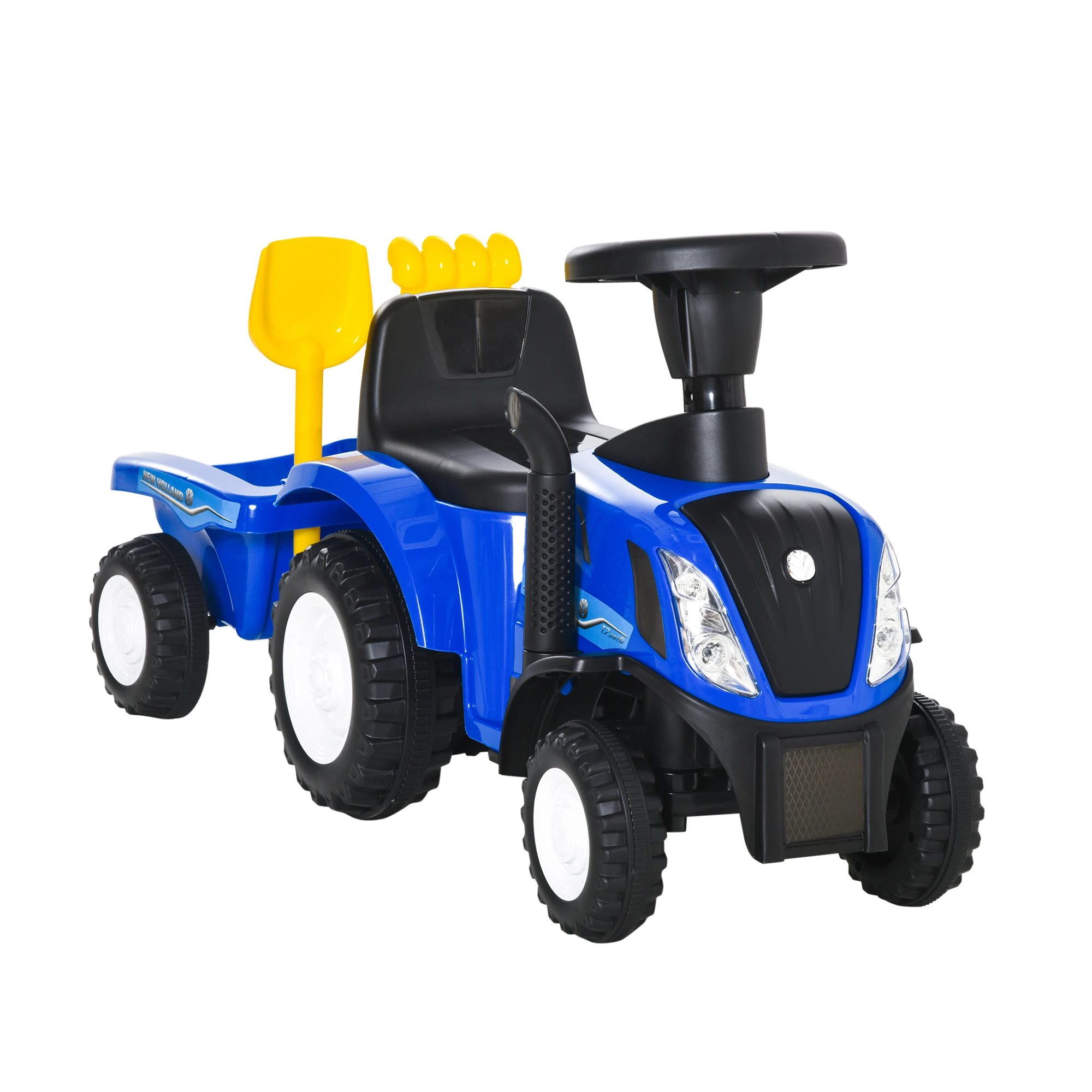 HOMCOM Tractor para Niños de 12-36 Meses con Remolque Extraíble Coche Correpasillos con Bocina Faros Pala y Rastrillo 91x29x44cm