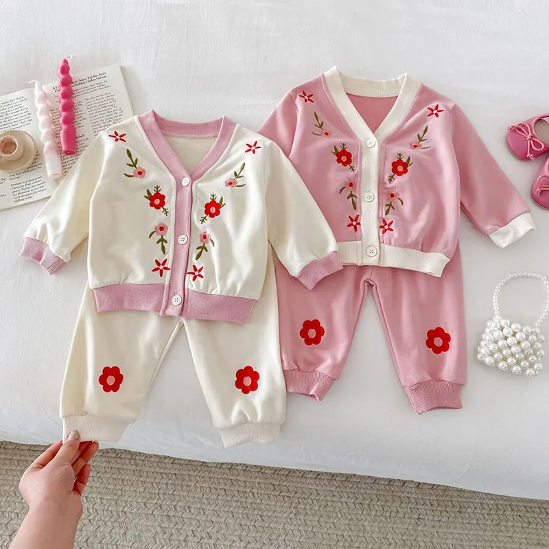 Milangel-Conjunto de ropa para bebé y niña, cárdigan y pantalones bordados con flores, traje de 2 piezas, conjuntos de sudadera holgada, Otoño, 2024