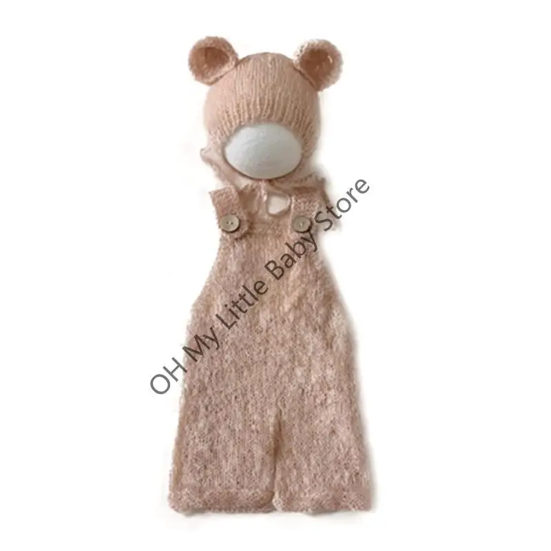 Mono de Mohair hecho a mano para recién nacido, accesorios de fotografía, conjunto de gorro y pelele de oso para bebé, accesorios para posar para niños y niñas - imagen 4