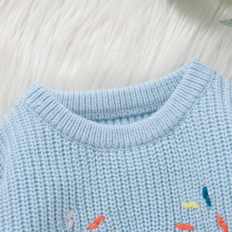 Suéteres para niñas, Otoño Invierno, cuello redondo azul, manga larga, tejidos para recién nacidos, prendas de punto con letras, jerséis, ropa para niños de 1 a 3 años - imagen 3