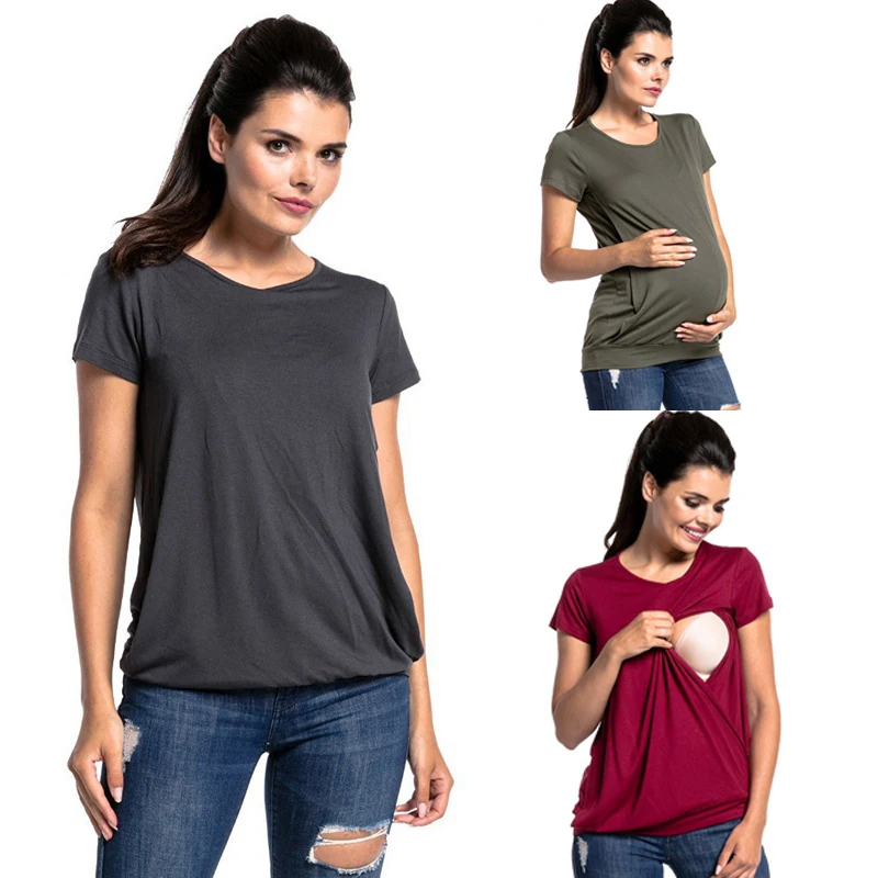 Camisetas de manga corta de Color puro para mujer, ropa de lactancia, ropa de maternidad, blusa para mujeres embarazadas, Tops de lactancia