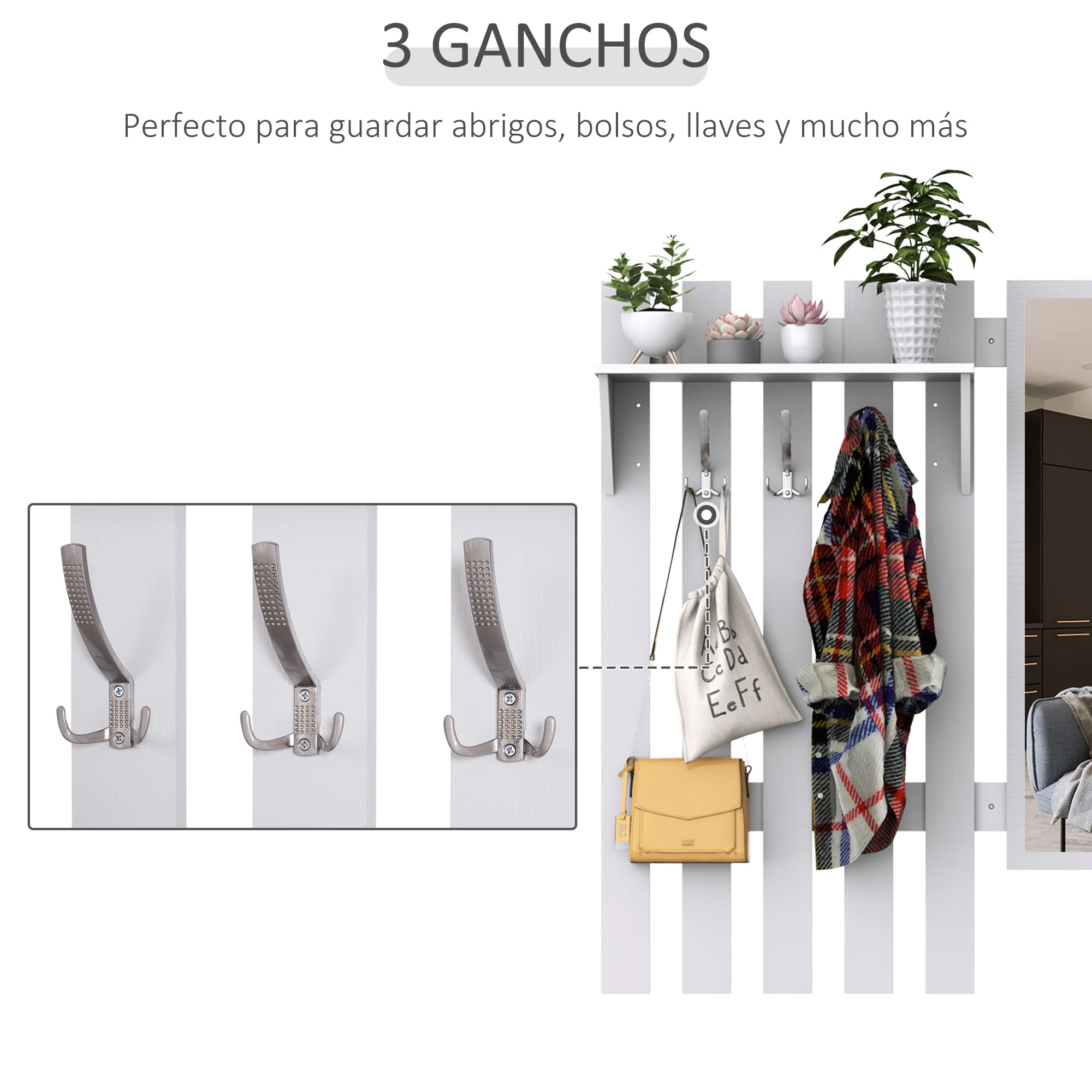 HOMCOM Conjunto de Recibidor de Entrada con Espejo Perchero y Zapatero Muebles de Entrada con 3 Ganchos Estante y 2 Cajones para Pasillo - imagen 5