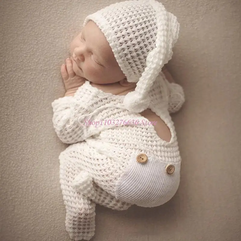 R6FD 2 PCS Propiedades fotografía recién nacida Ajuste crochet Baby Rompper Hat Set Accesories - imagen 2