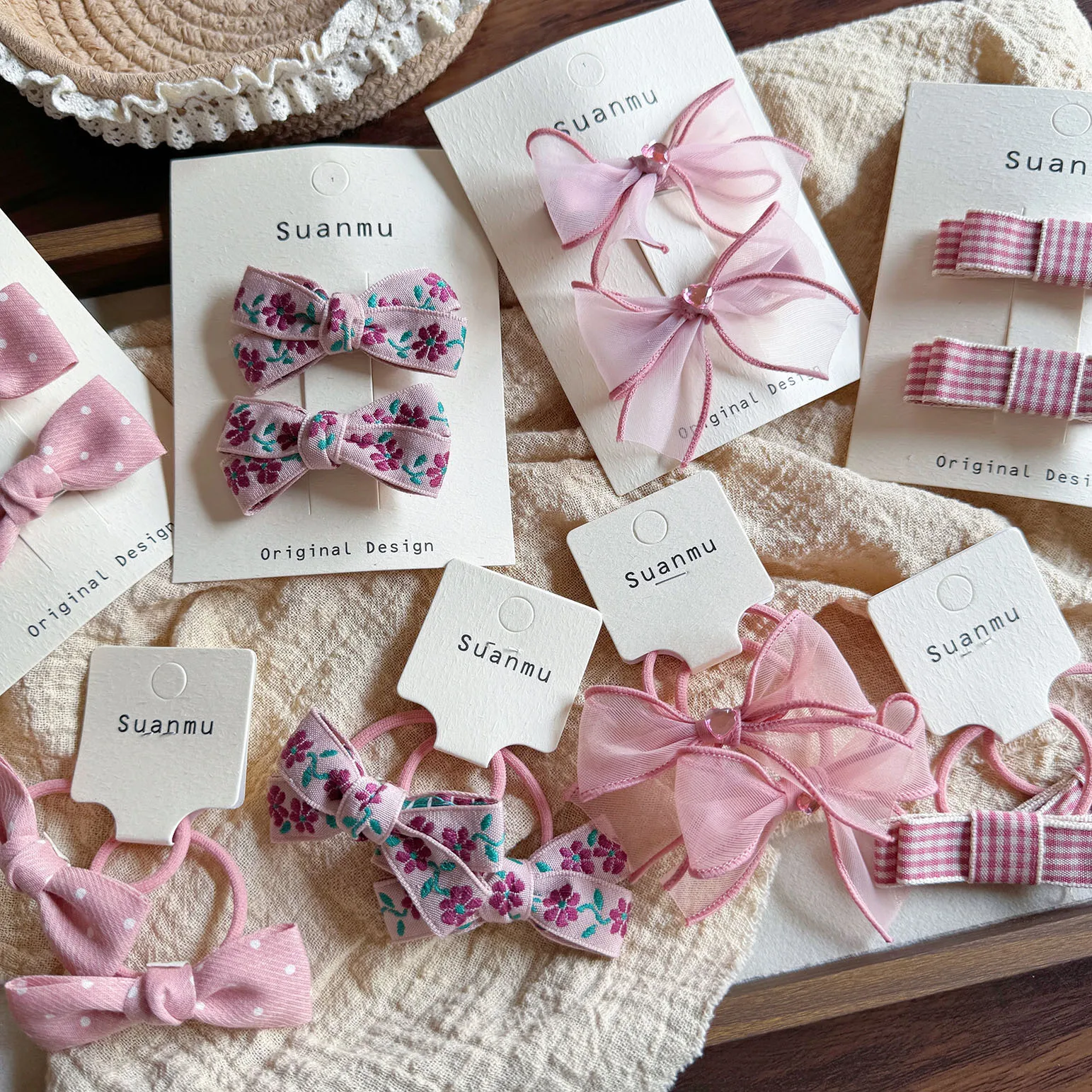 Pinzas elásticas de algodón para niñas con lazo bordado de flores - imagen 5