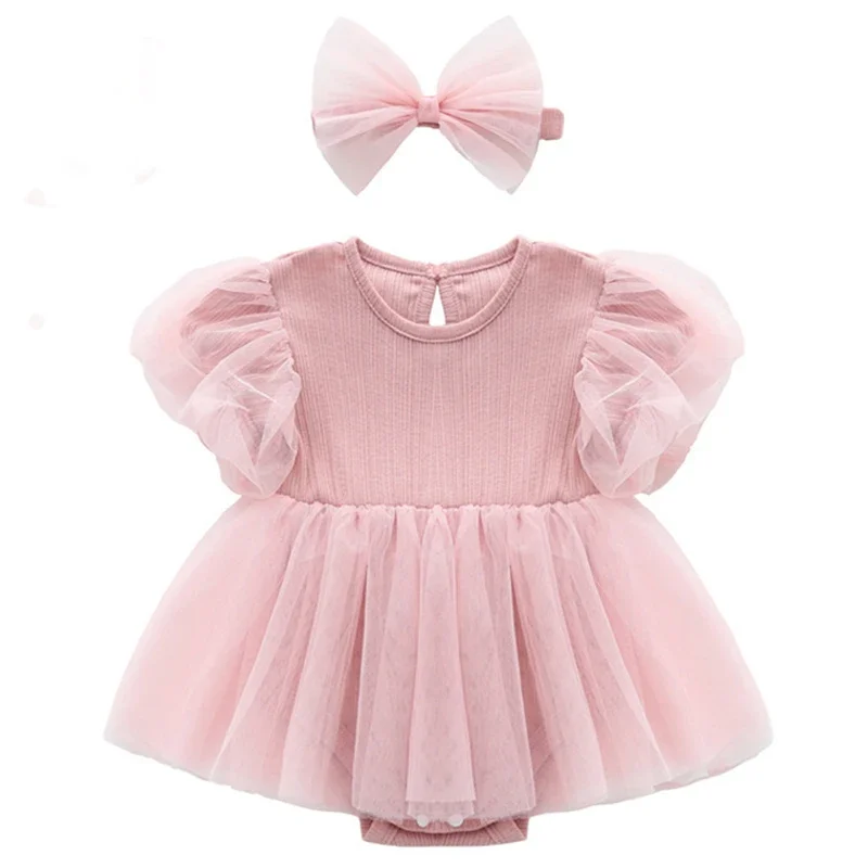 Ropa de verano 2025 para niñas, mono bonito de princesa, monos sin mangas de malla de moda coreana + banda para el pelo, ropa para recién nacidos BC1498 - imagen 2
