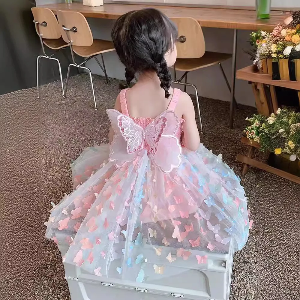 Vestido de verano para niñas pequeñas, dulce princesa, bordado de flores, volantes, sin mangas, lazo, tul, vestido de fiesta para niños pequeños con alas - imagen 3