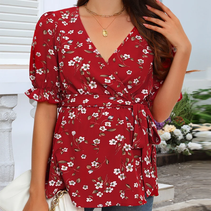 Tops de embarazo, camiseta de maternidad, camiseta para madre embarazada con pecho cruzado y cuello en V, cintura ceñida atada para amamantar - imagen 2